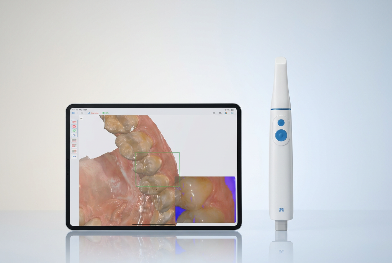 De Medit intraorale scanner met een digitale 3D-scan van het gebit op het scherm