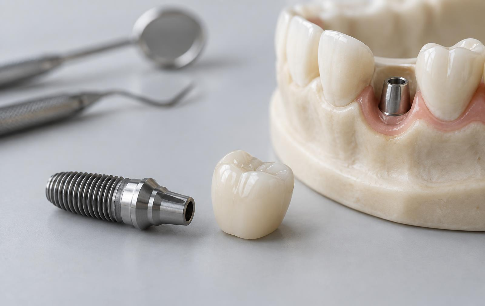 Tandheelkundig model met titanium implantaat, abutment en keramische kroon