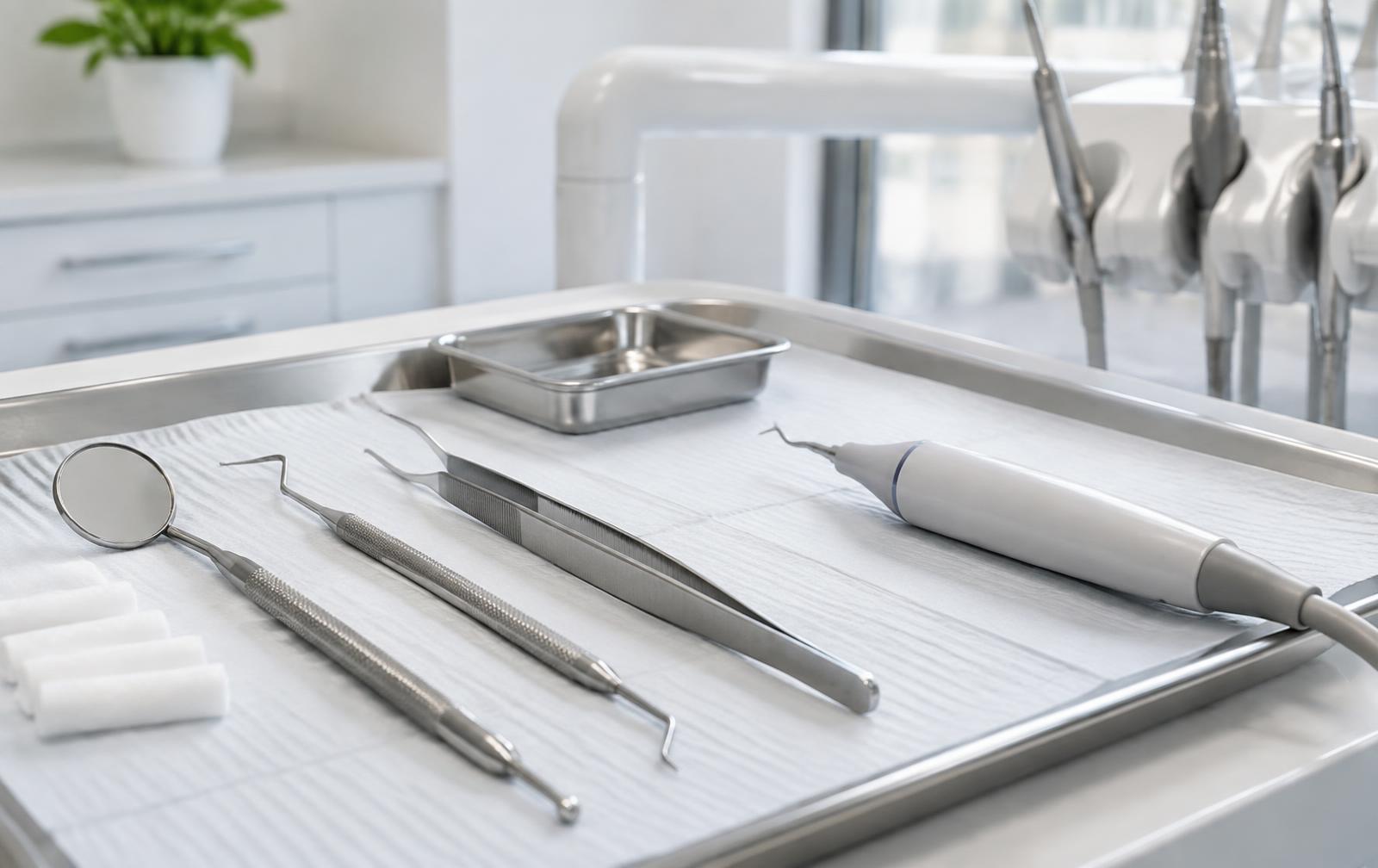 Steriel instrumentarium en ultrasone scaler klaargelegd voor een professionele reiniging